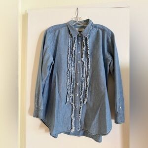 Anthropologie Blue Denim Ruffle-Front Button Down Shirt